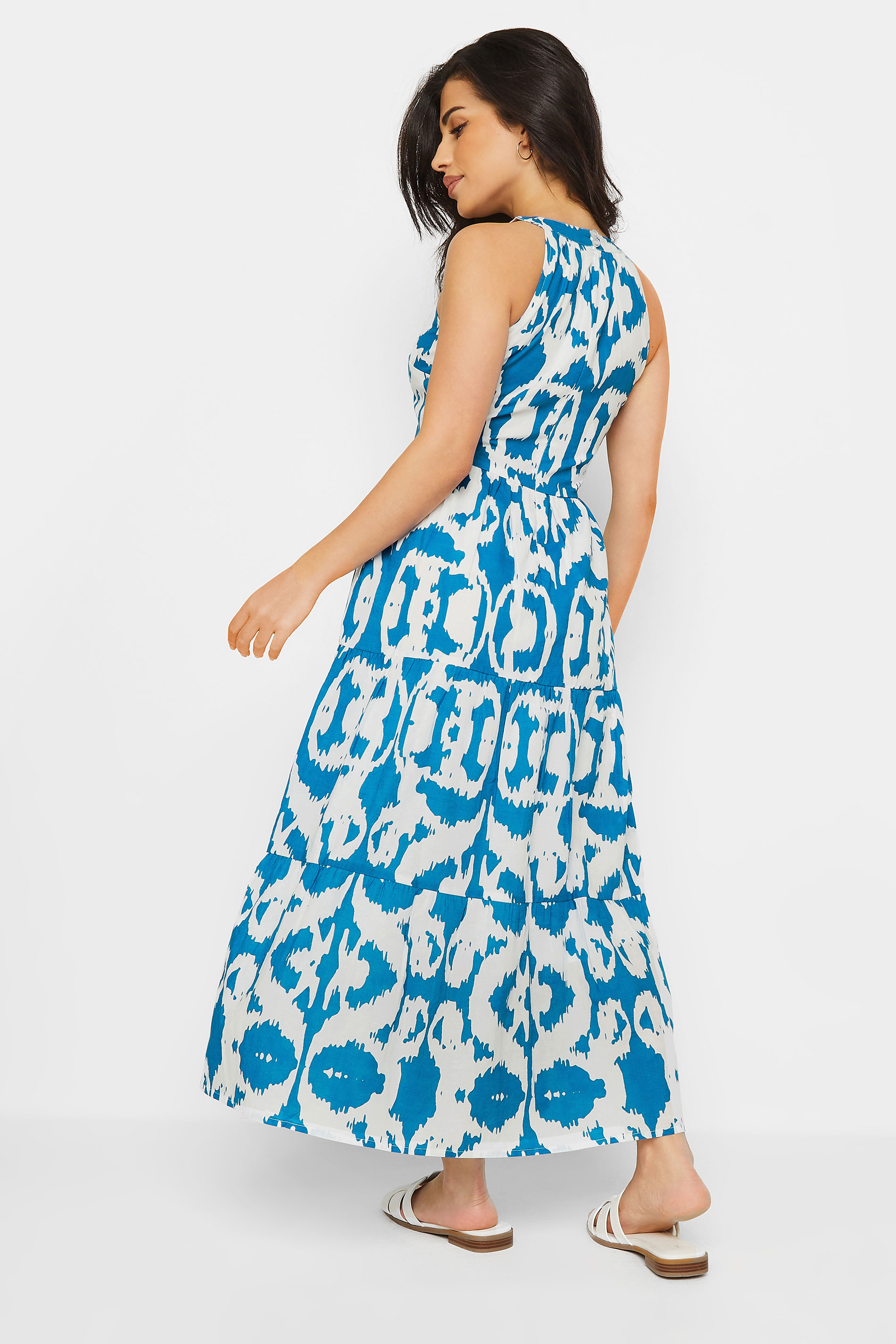 PixieGirl Petite Women's Blue & White Ikat Print Tiered Maxi Dress | PixieGirl 3