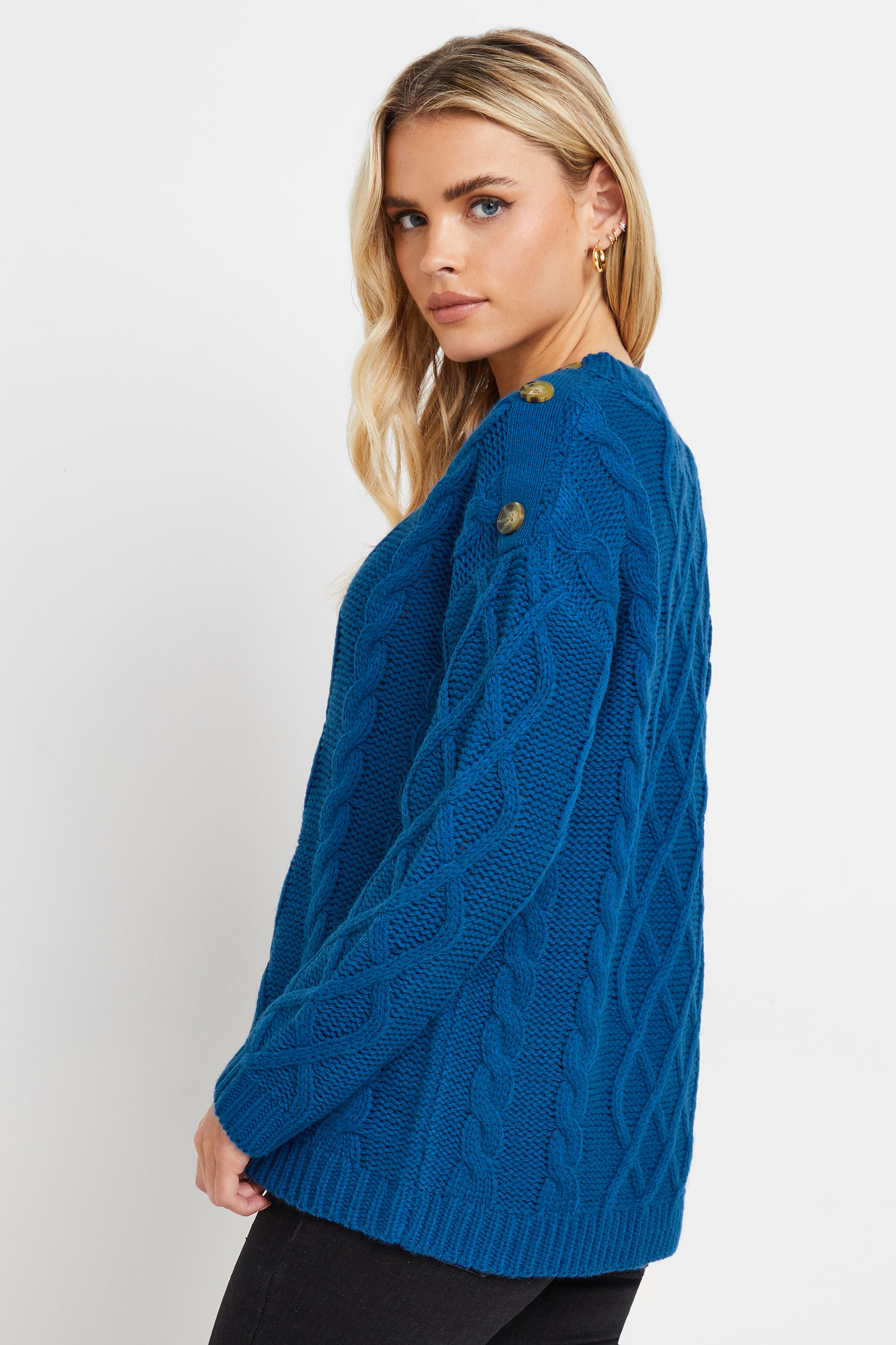 PixieGirl Petite Women's Royal Blue Cable Knit Button Jumper | PixieGirl 3
