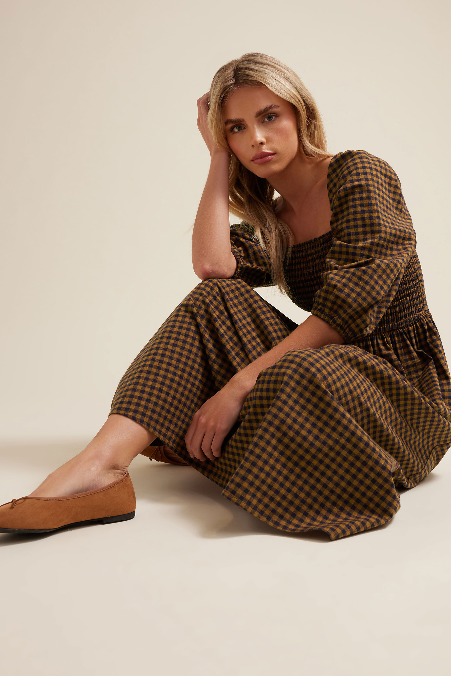 PixieGirl Petite Women's Brown Gingham Puff Sleeve Midi Dress | PixieGirl 6