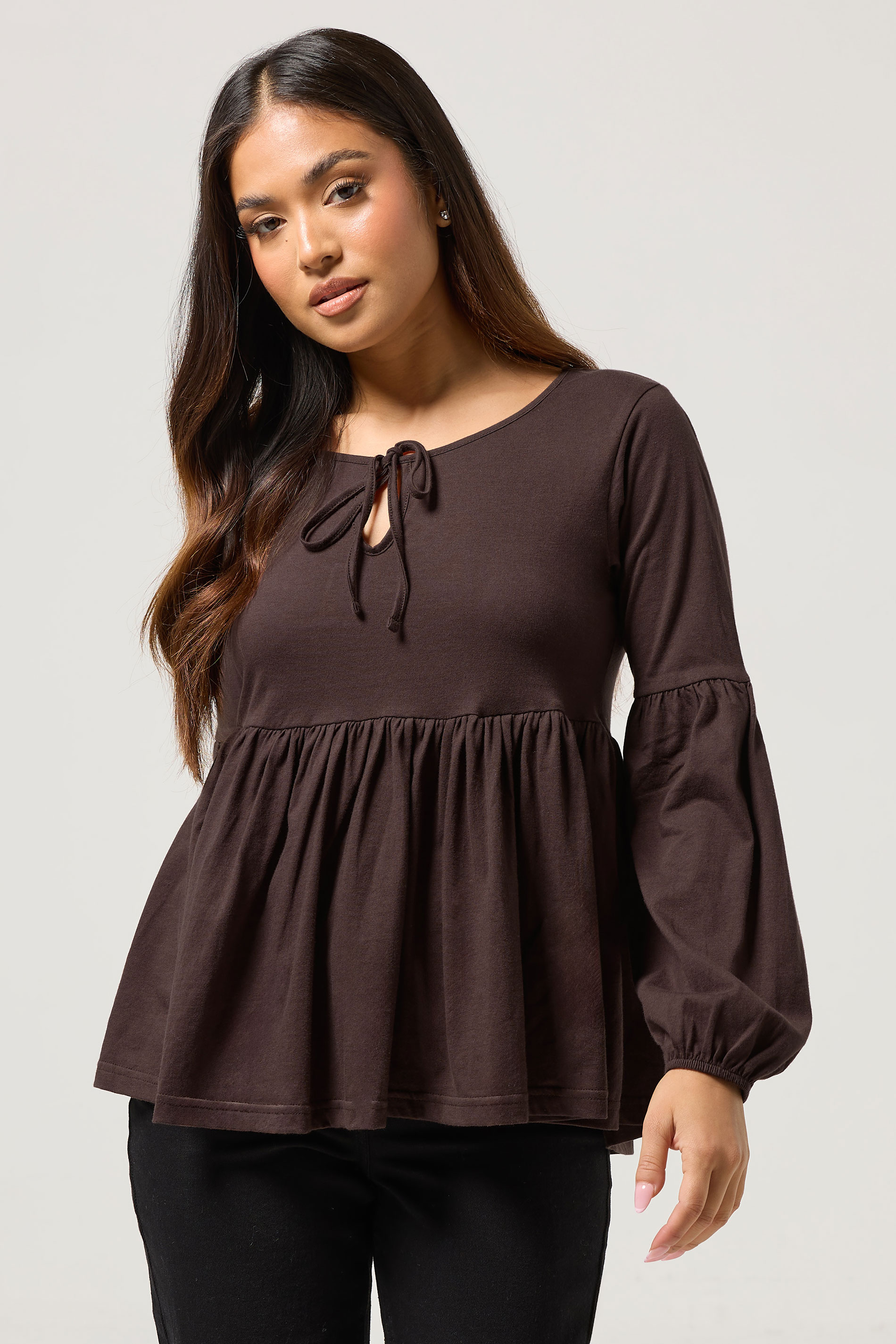 PixieGirl Petite Women's Chocolate Brown Tie Front Smock Top | PixieGirl 1